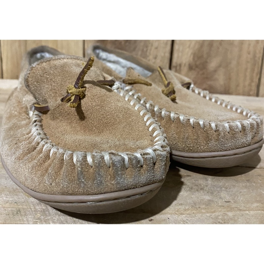Minnetonka Moccasins Tan Suede Leather Slip On Slippers Womens Size 8‎